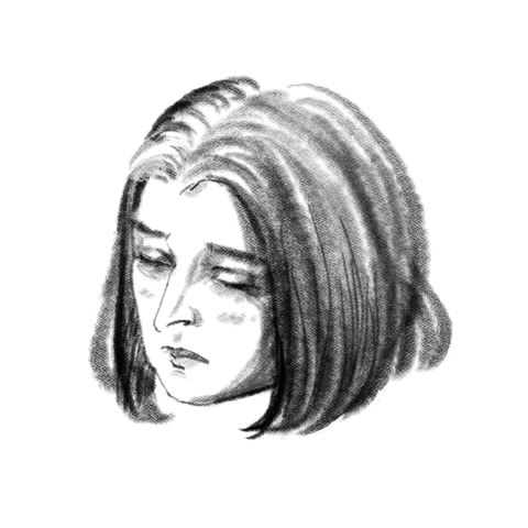 A charcoal drawing of a woman with a bob, eyes lowered