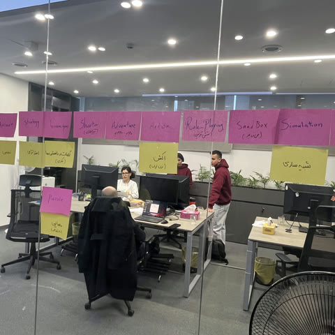 An office wall of sticky notes labelled with game genres, seen through glass from the corridor