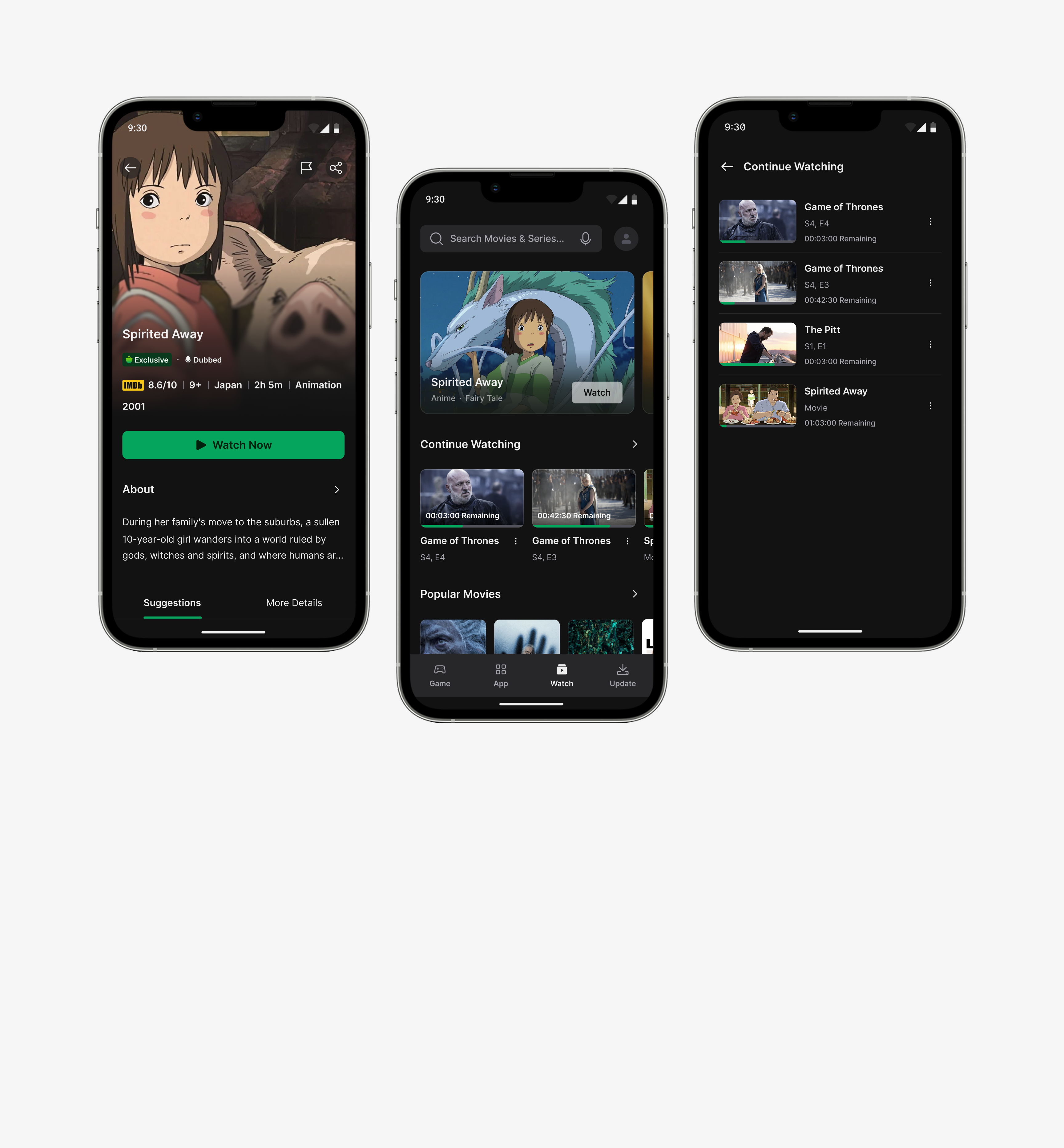 Three Cafe Bazaar Video phone screens on a light gray ground — the Spirited Away detail page, the Watch home feed, and the Continue Watching list