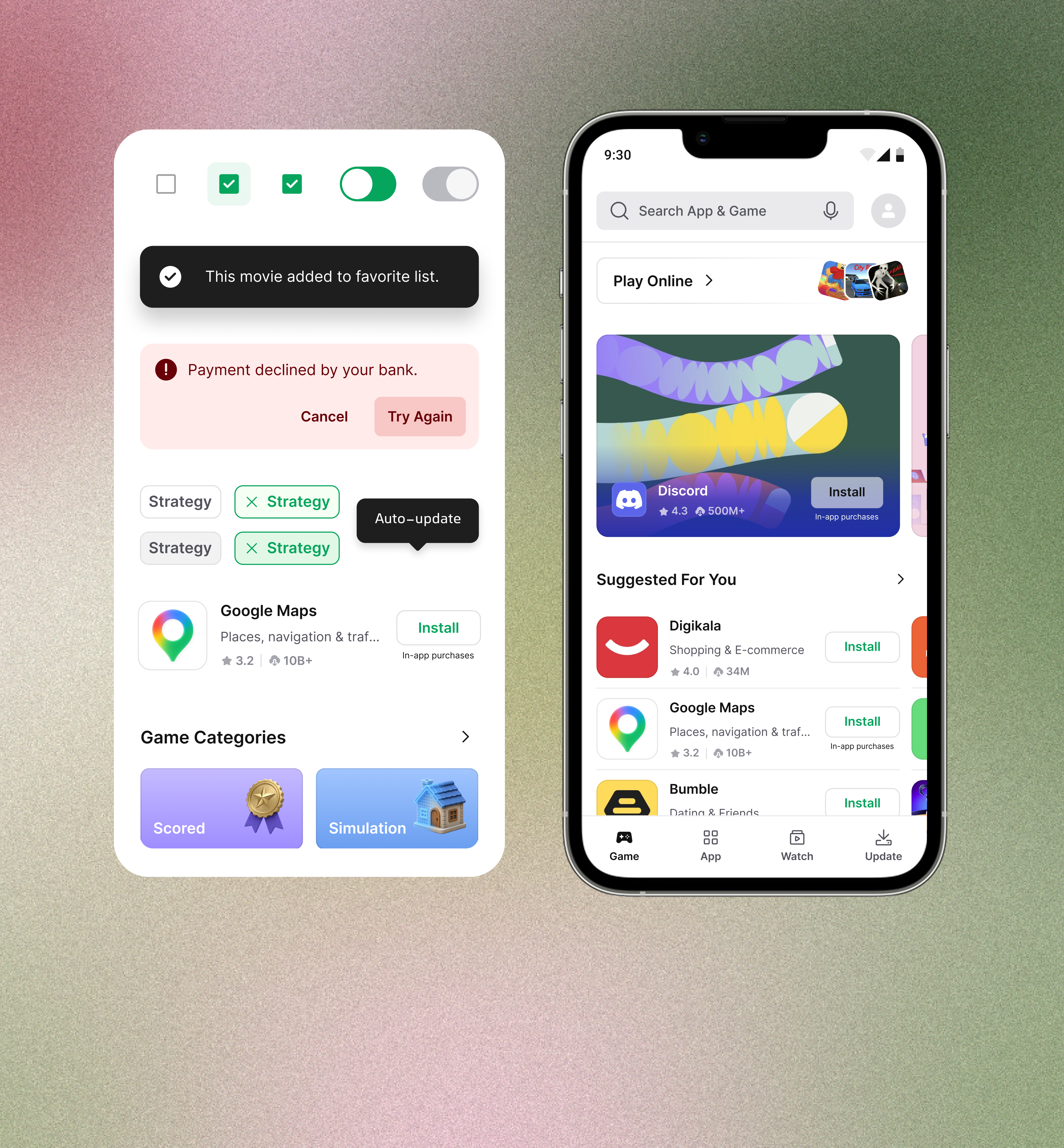 A sheet of Cafe Bazaar design system components — checkboxes, toggles, toasts, an error banner, chips, and category cards — beside a phone showing the Game store home, over a pink and green gradient