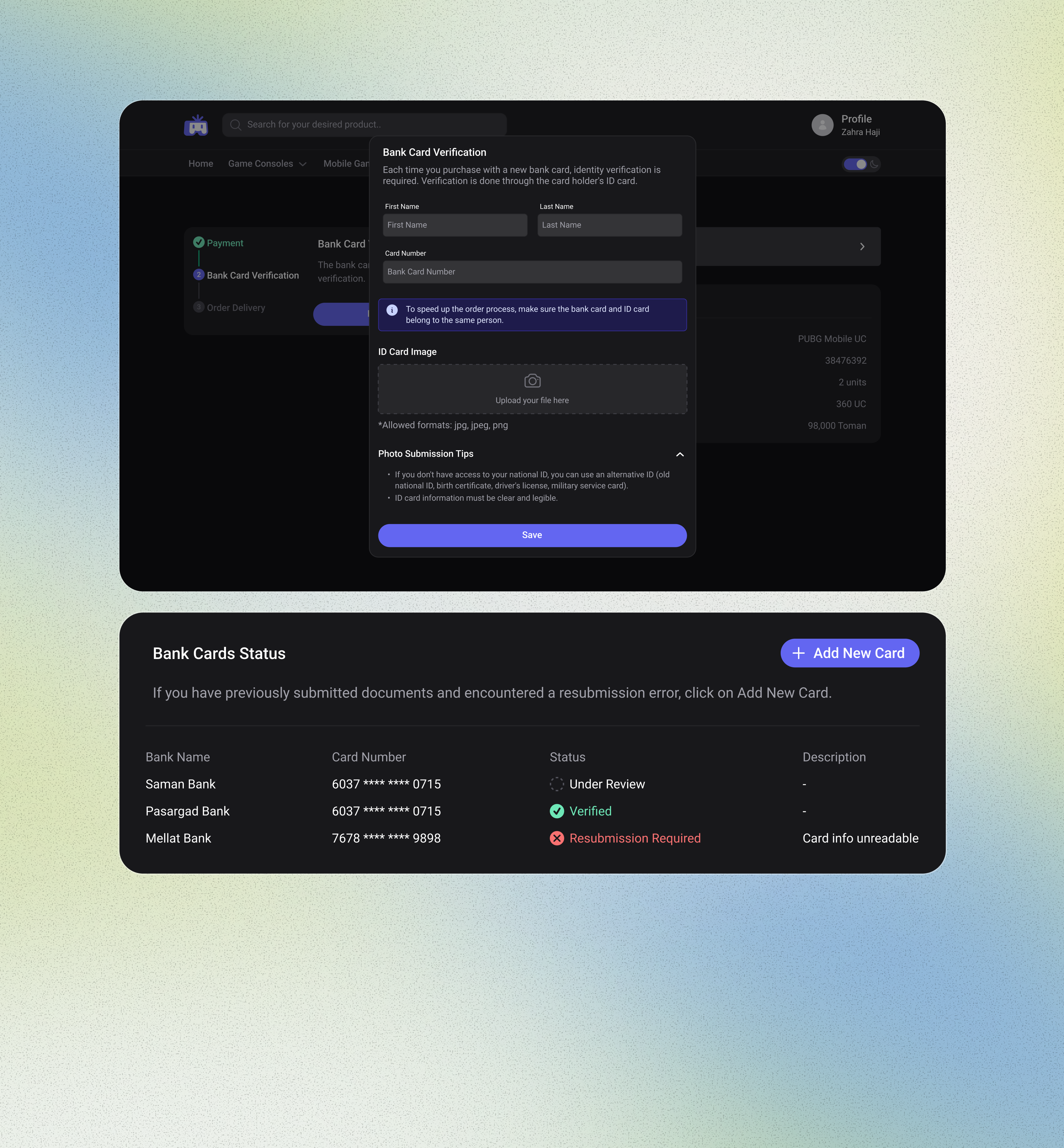 Paxit's dark game-store UI with a Bank Card Verification panel — first and last name, card number, and an ID card upload above a Save button — over a Bank Cards Status table listing three banks marked Under Review, Verified, and Resubmission Required, on a soft green-to-blue gradient